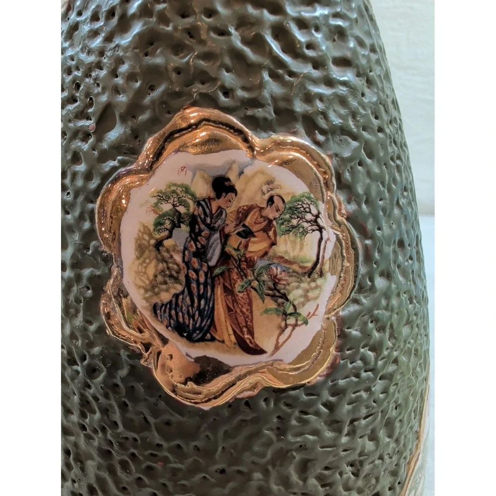 Vintage Japanese Satsuma Style Textured Green Lava Glaze‎ Gilt Porcelain Vase